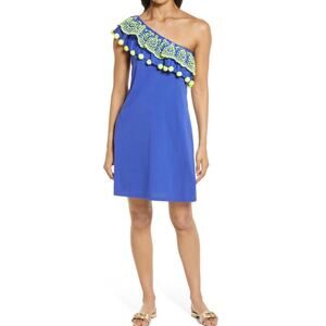 Lilly Pulitzer Idara One-Shoulder Ruffle Dress Corsica Blue Embroidered Med
